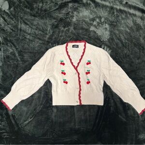 Cider White Cardigan Sweater with Cherry Embroidery